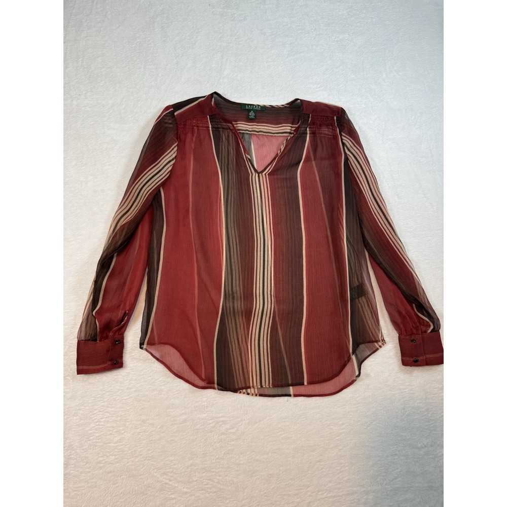 LAUREN RALPH LAUREN Top Blouse Sz Medium Sheer Chic Vertical Stripes V-Neck 90's